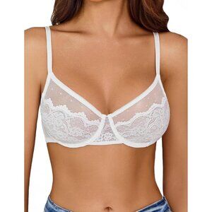 Women's White Lace Balco nette Underwire Unlined Sheer Lingerie Bra